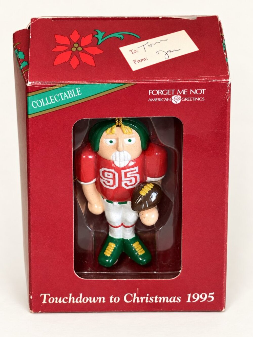 Vintage 1995 American Greetings Football Player #95 Christmas Ornament Box